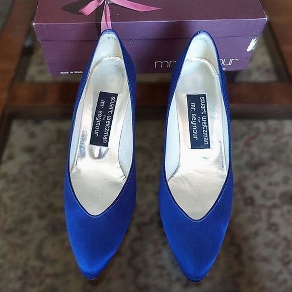 Vtg 80s Stuart Weitzman for Mr. Seymour blue sateen pumps - Picture 2 of 16